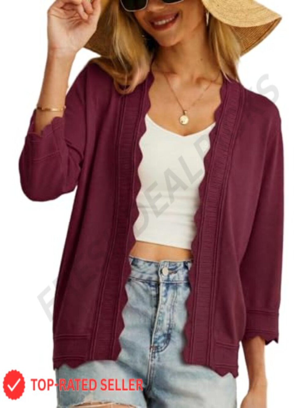 Lightweight Summer Knit Cardigan Open Front Scalloped 3/4 Sleeve